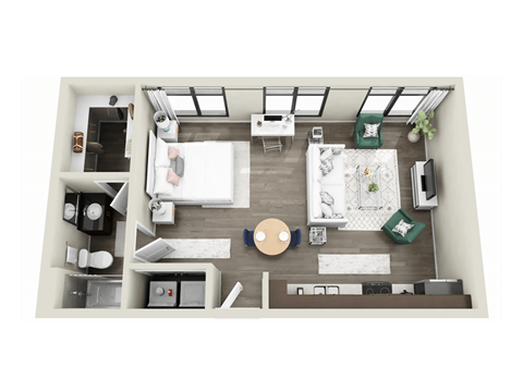 Floor plan for studio, 1 bath, 594 sqft